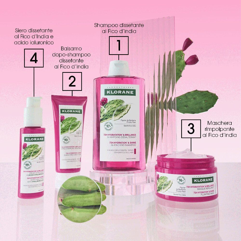 Linea Klorane al fico d'India: Shampoo, balsamo, maschera e siero.