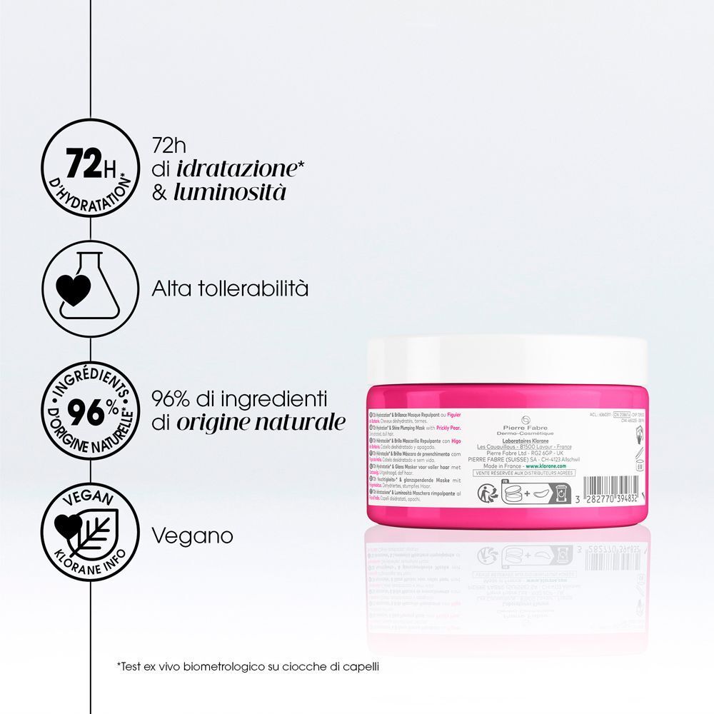 Maschera Klorane: 72h idratazione, alta tollerabilità, 96% ingredienti naturali, vegan.