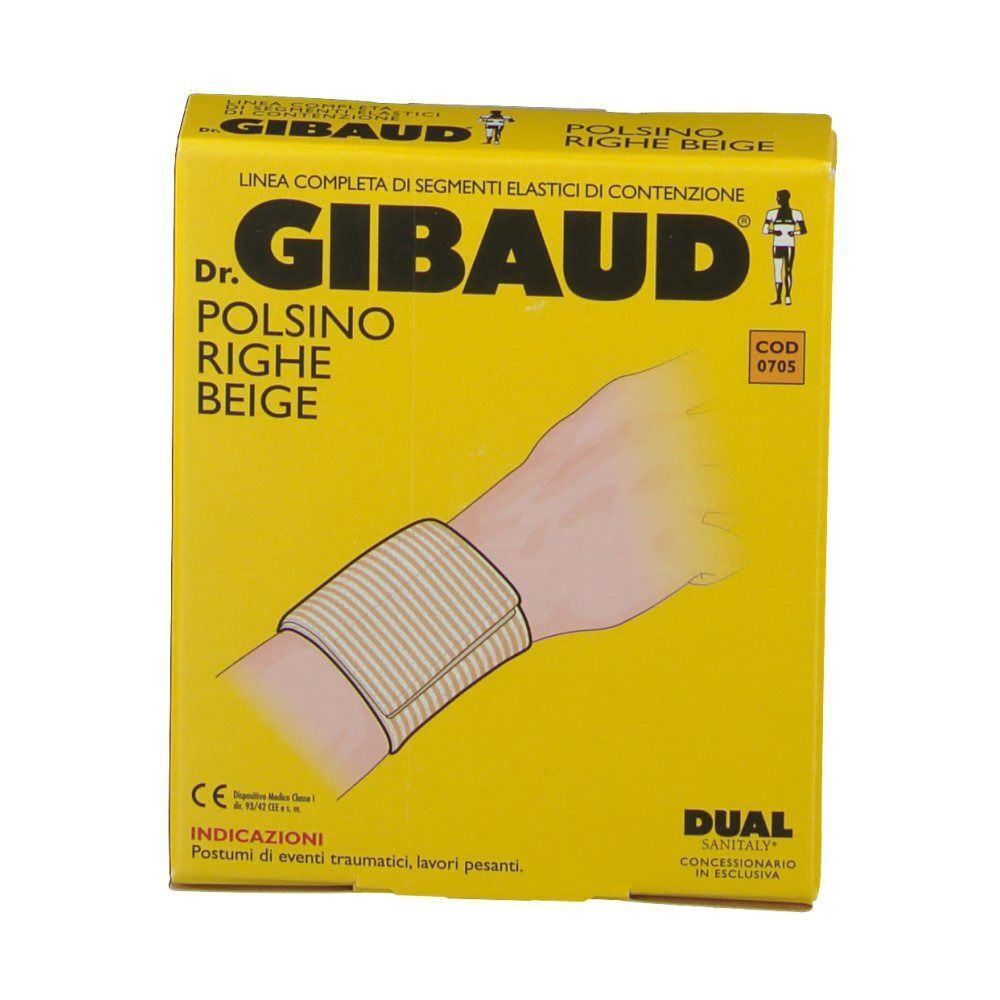 Fronte di una confezione gialla per polsini. Mostra un'illustrazione di un polsino su un polso.