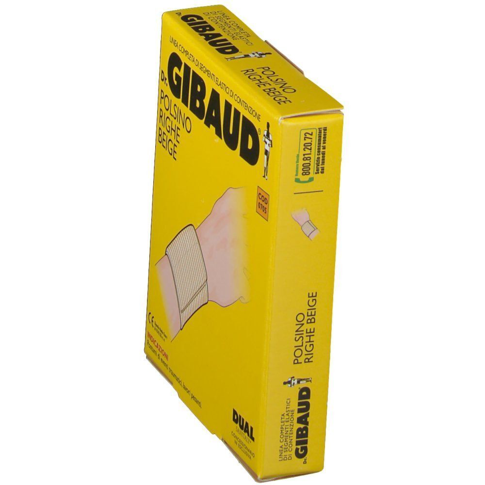 Scatola gialla per polsino Dr. GIBAUD® Righe Beige 6 cm. Vista laterale con illustrazione e testo.