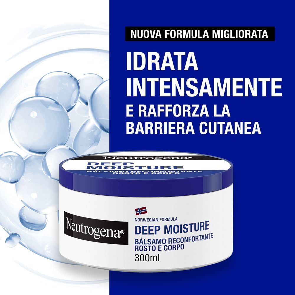 Balsamo Neutrogena Deep Moisture: Idrata intensamente e rinforza la barriera cutanea.