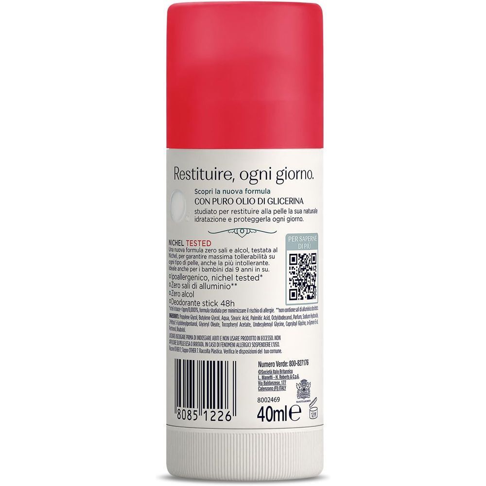 Retro di un deodorante stick bianco con tappo rosso, informazioni prodotto e indicazione 40ml.