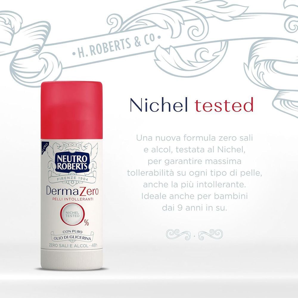 Un deodorante stick bianco con tappo rosso, scritta "Neutro Roberts DermaZero", "Nichel Tested".