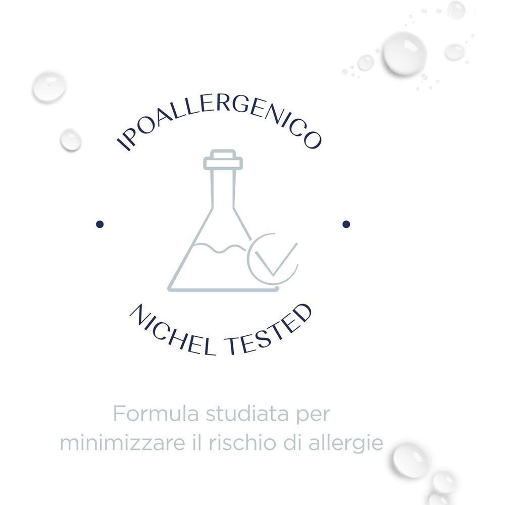Simbolo di fiala da laboratorio con segno di spunta, "Ipoallergenico" e "Nichel Tested" per allergici.
