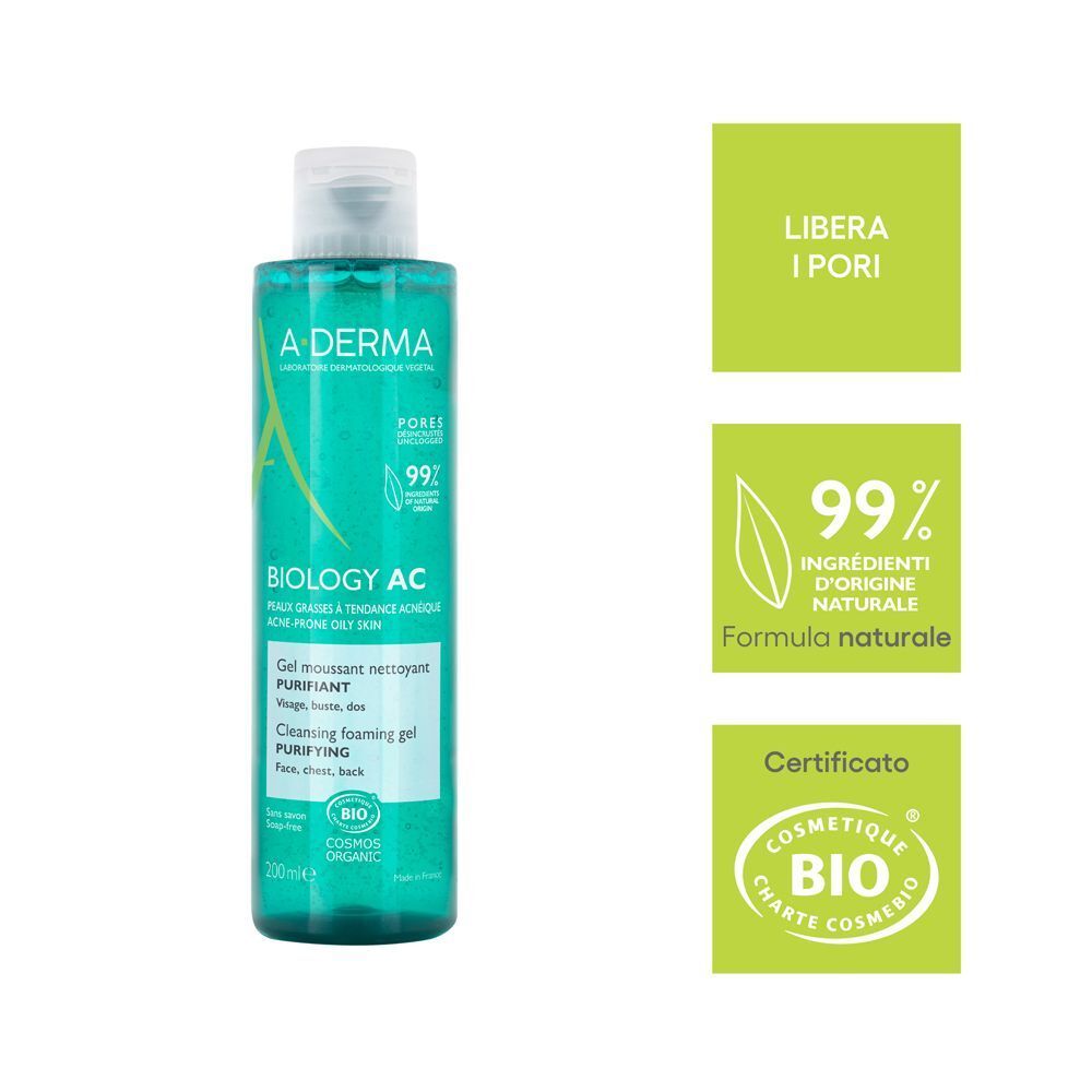A-Derma Biology AC Gel Detergente: 99% ingredienti di origine naturale, certificato COSMOS ORGANIC.