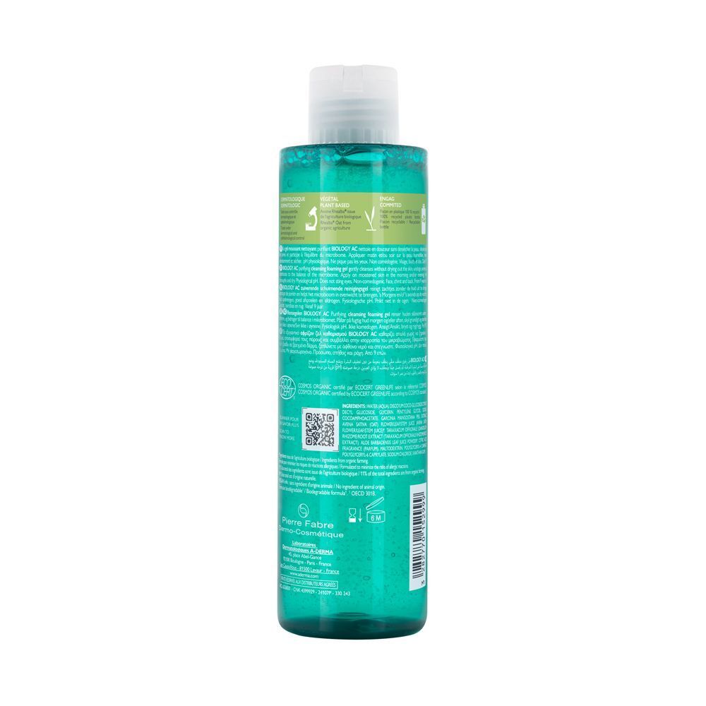 Retro di una bottiglia A-Derma Biology AC Gel Detergente con informazioni sul prodotto e codice QR.