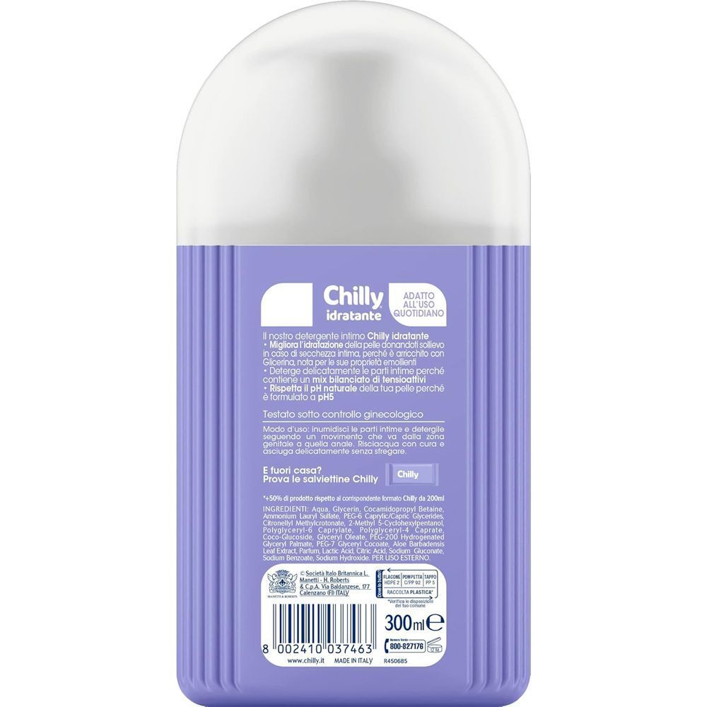 Retro di un flacone di detergente intimo Chilly Idratante, informazioni prodotto, 300ml.