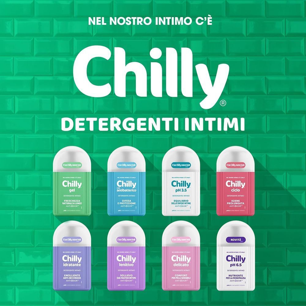 Panoramica della linea Chilly detergenti intimi con diverse formulazioni e pH.