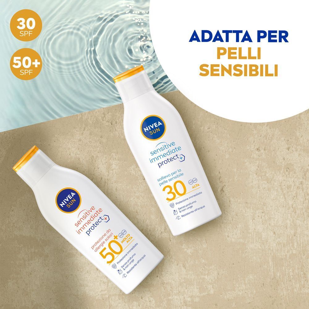 Due flaconi Nivea Sun Sensitive Immediate Protect SPF 30 e SPF 50+. Testo: Adatto per pelli sensibili.