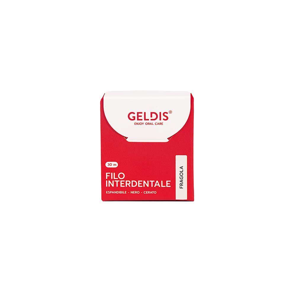 Una scatola rossa di filo interdentale Geldis, gusto fragola. Mostra una bocca stilizzata con denti.