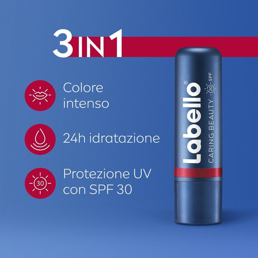 Balsamo Labello Caring Beauty rosso con SPF30. Colore intenso, idratazione 24h, protezione UV.