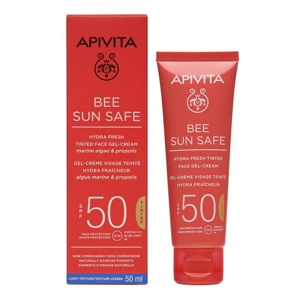 APIVITA Bee Sun Safe Gel-Crema Colorata SPF50 e la sua confezione, 50 ml.