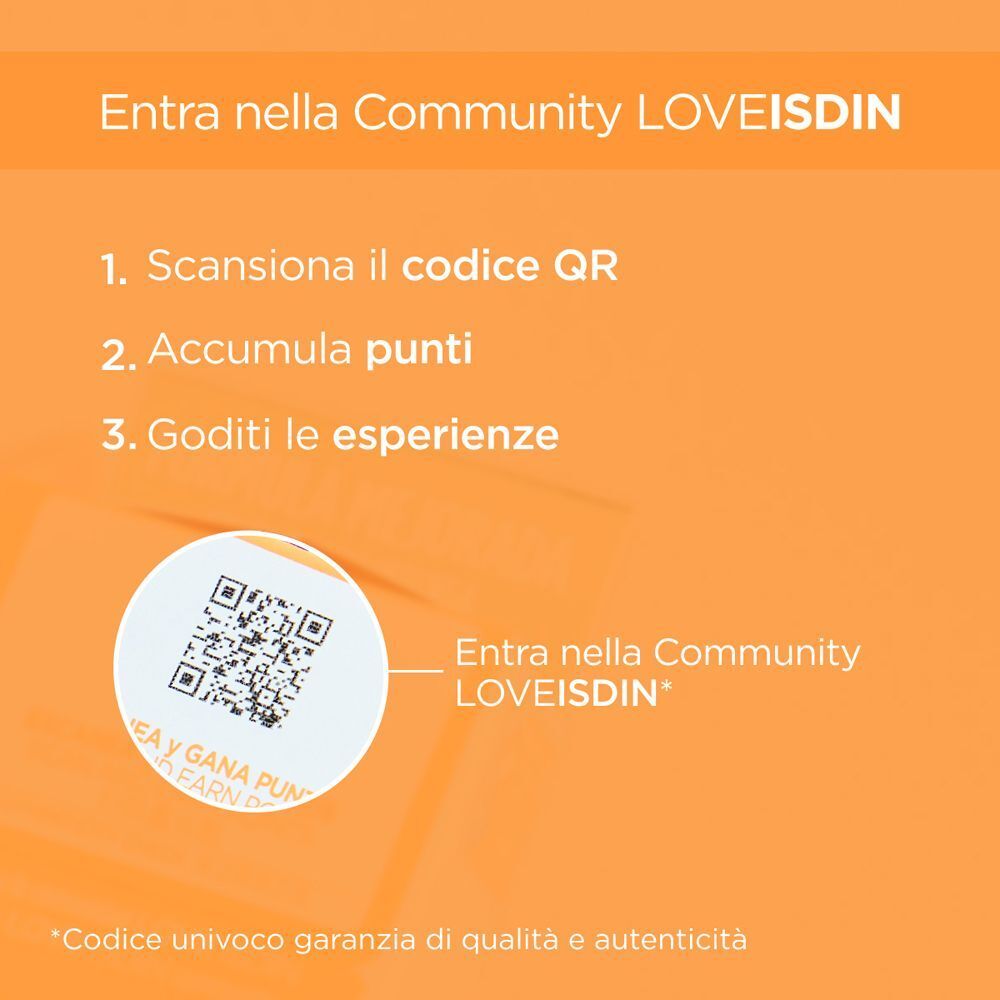 Codice QR e testo per unirsi alla community ISDIN LOVEISDIN.