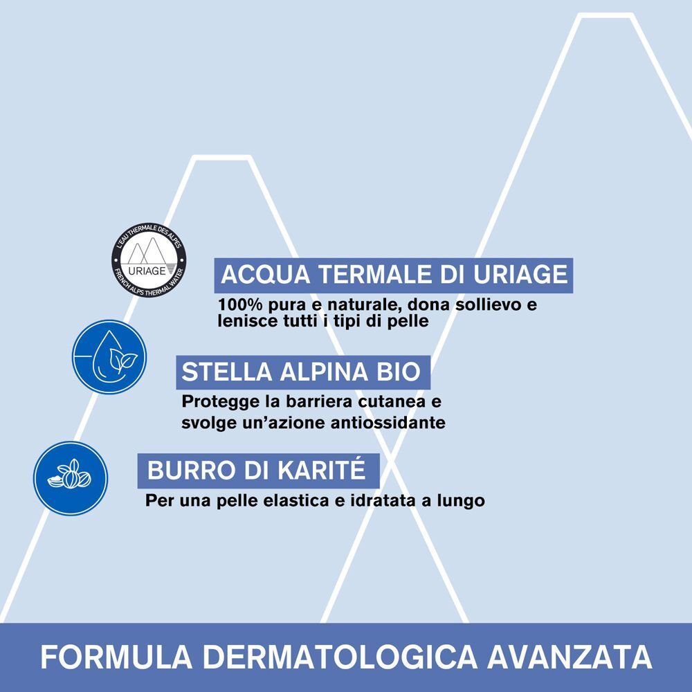 Ingredienti: Acqua termale, Stella alpina, Burro di Karité. Formula dermatologica avanzata.