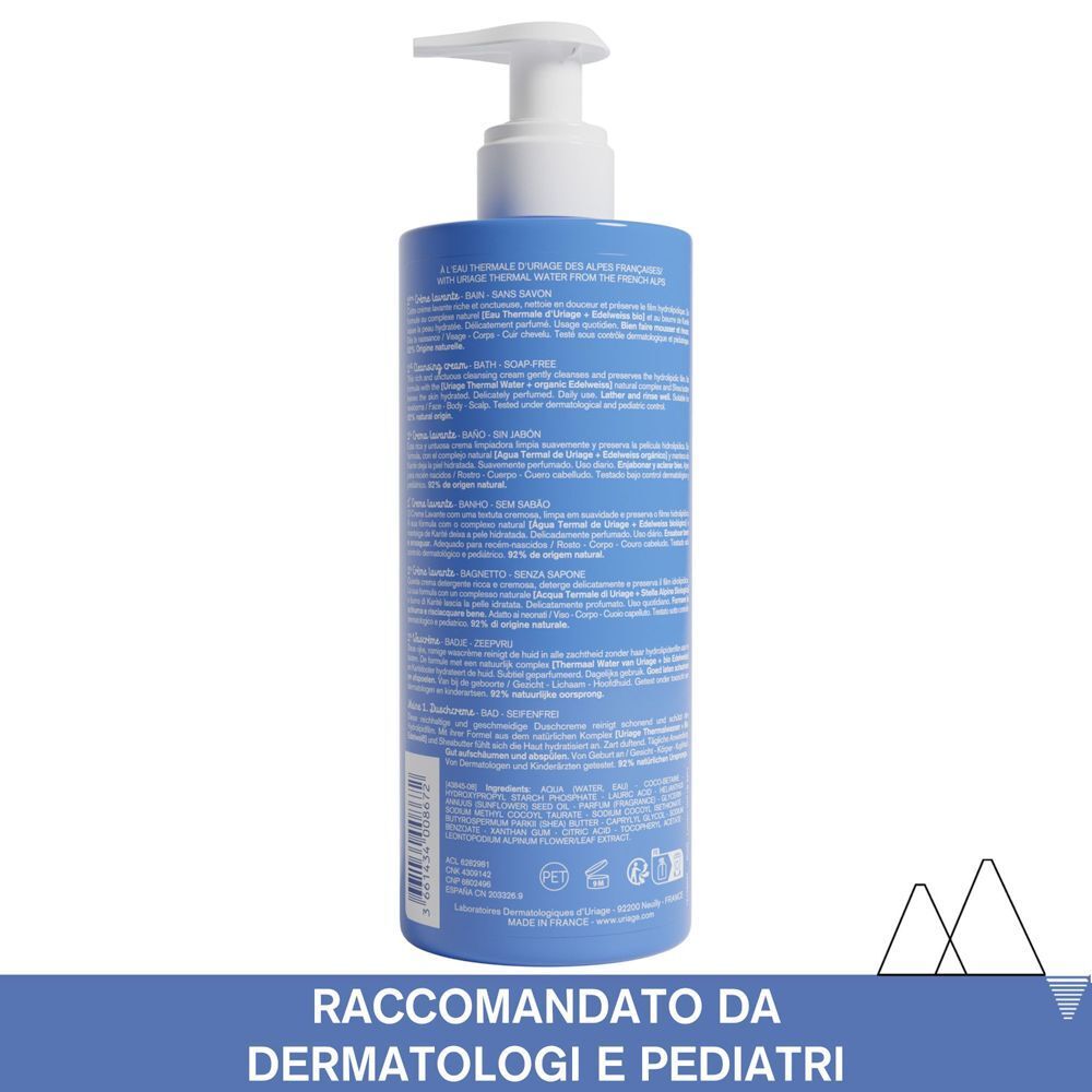 Retro di un flacone Uriage Bébé 1a Crema lavante con ingredienti e istruzioni.