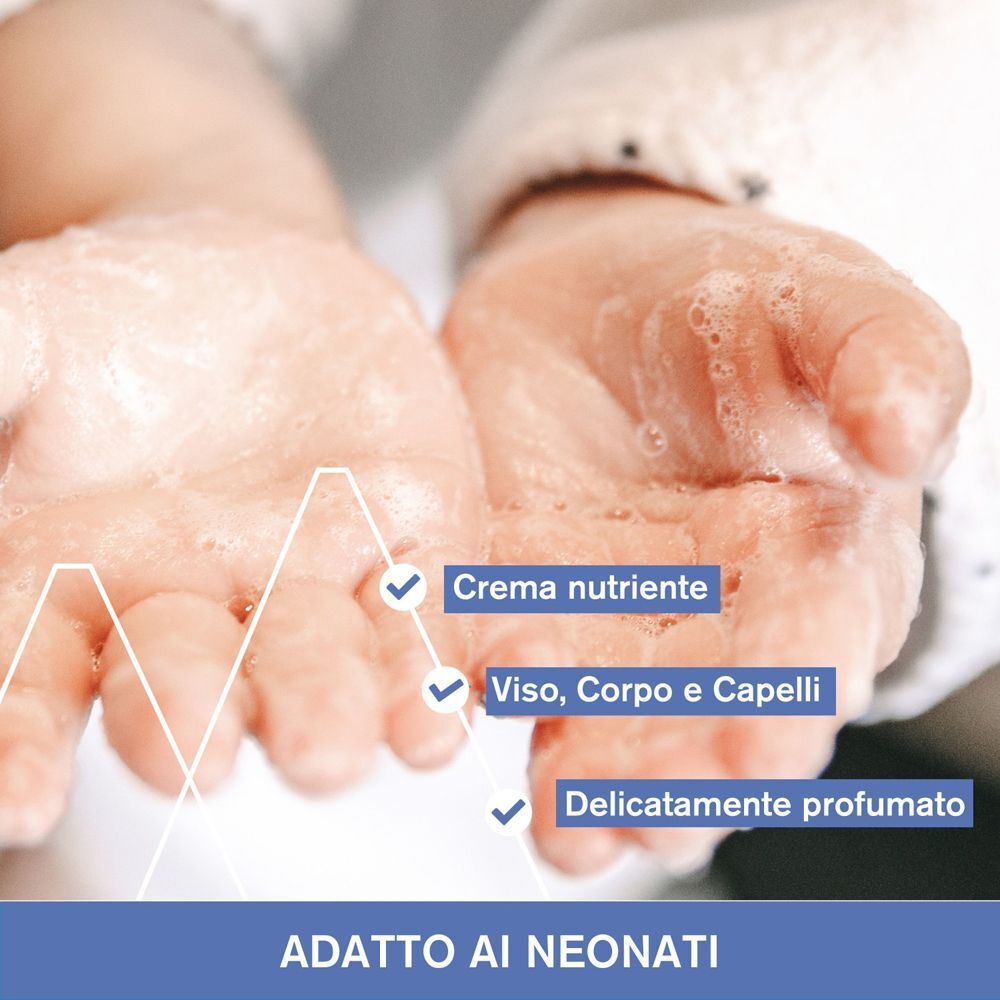Mani di bambino schiumose, con indicazioni crema nutriente, viso, corpo, capelli e profumato.