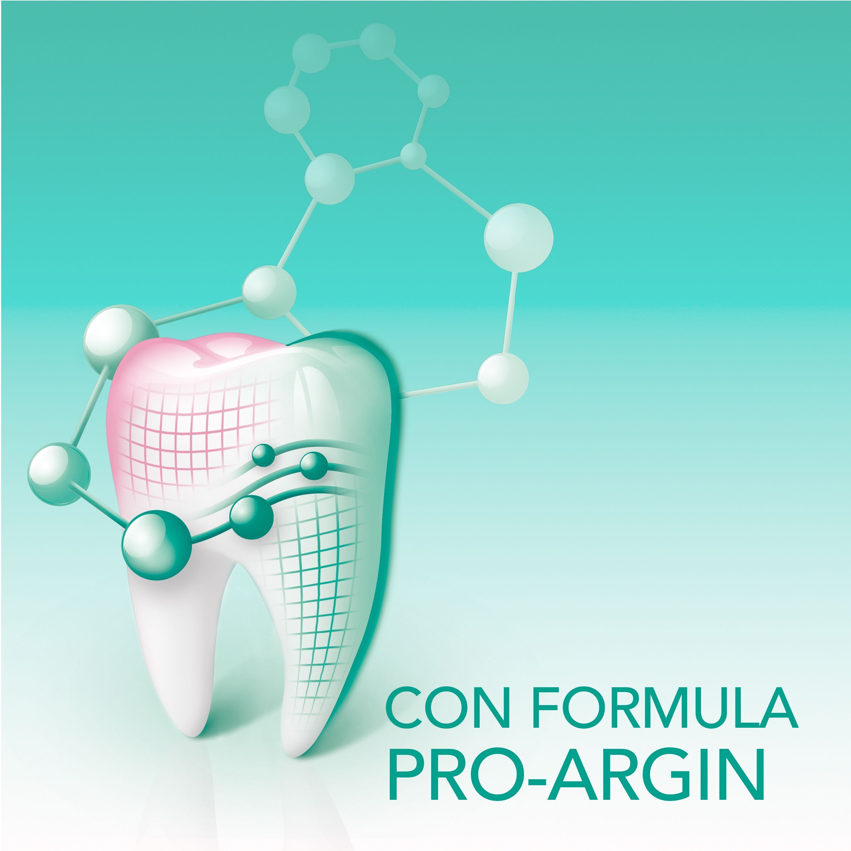 Un dente con una rete molecolare e il testo 'Con Formula Pro-Argin'.