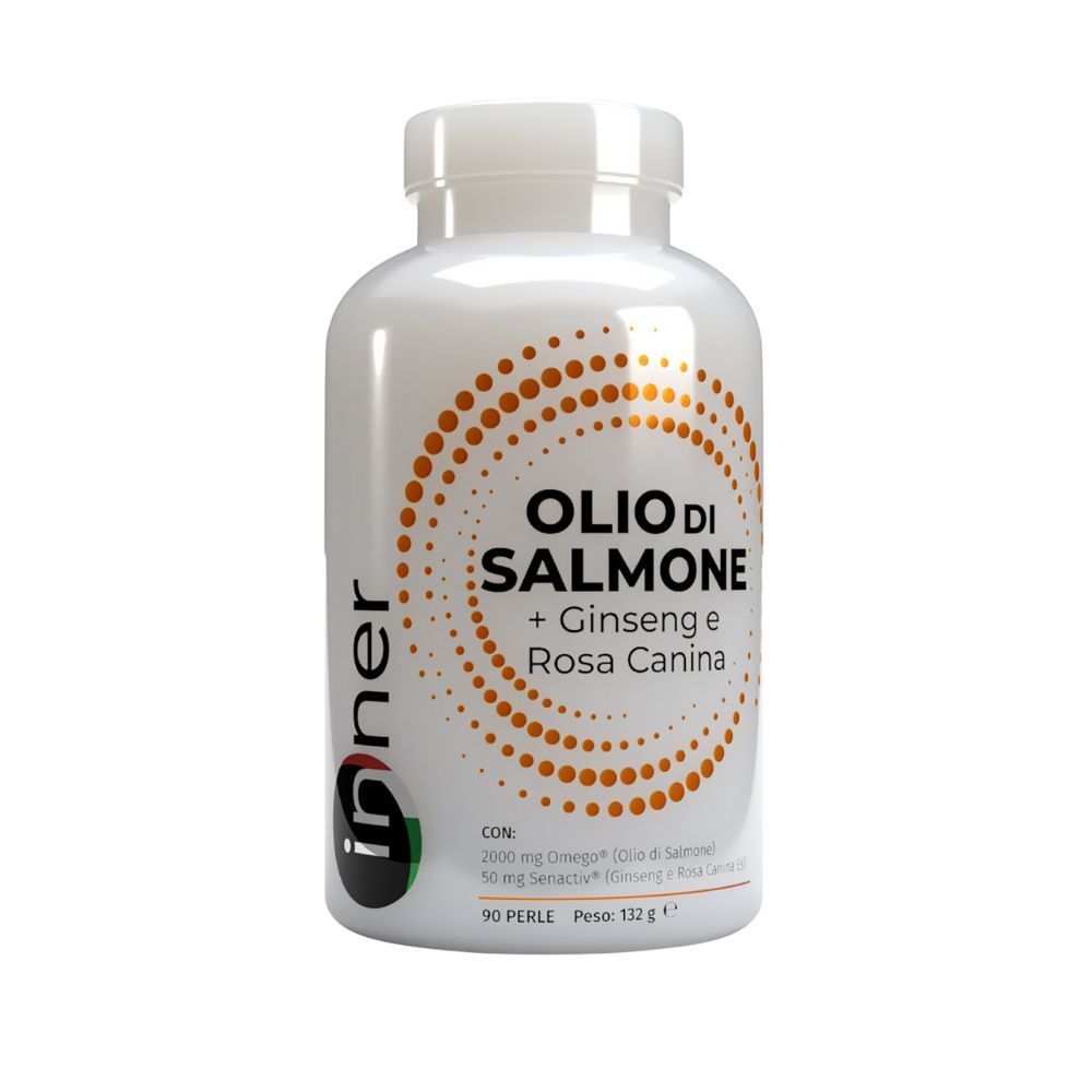 Flacone bianco con design a cerchio arancione, 'Olio di Salmone + Ginseng e Rosa Canina' e 90 perle.