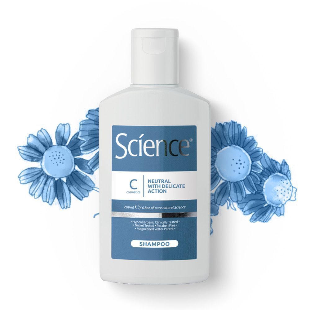 Flacone bianco con etichetta blu, shampoo "Science", 200ml.