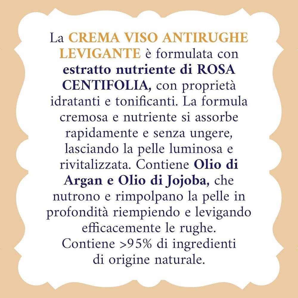 Crema viso Acqua alle Rose: formula con estratto di Rosa Centifolia, olio di Argan e Jojoba.