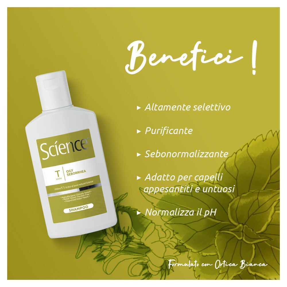 Flacone di Science Shampoo Seborrea Oleosa con elenco dei benefici ed erbe.