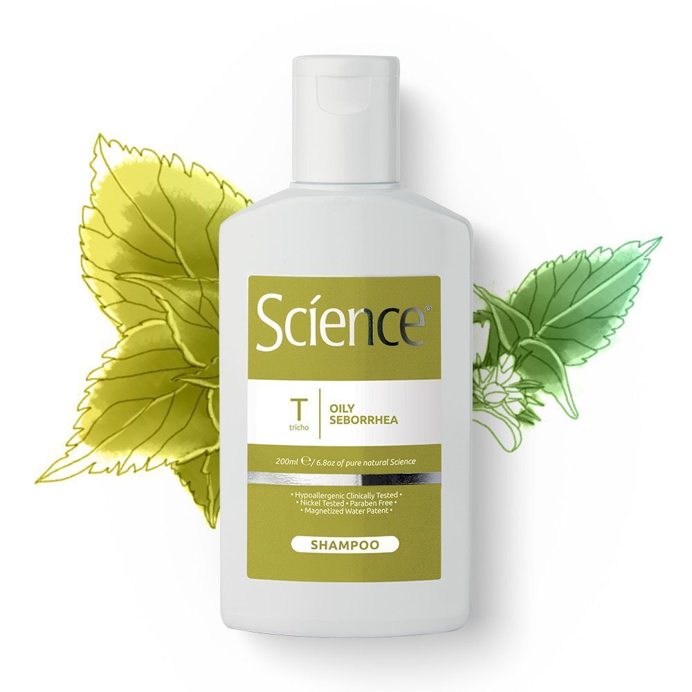Un flacone bianco di Science Shampoo Seborrea Oleosa con foglie verdi.