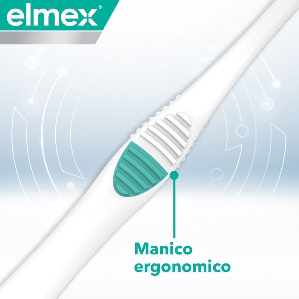 Primo piano del manico ergonomico dello spazzolino Elmex Sensitive Expert Precision.