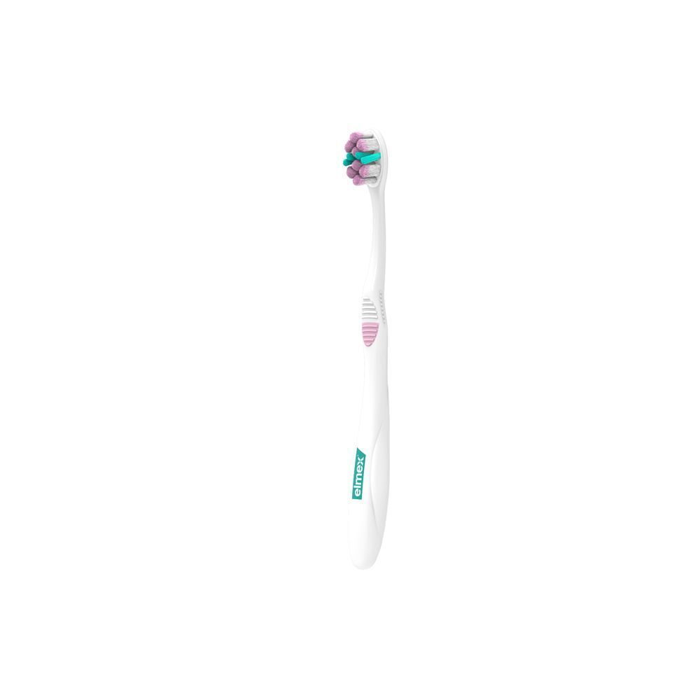 Spazzolino Elmex Sensitive Expert Precision, bianco con setole rosa e verdi.
