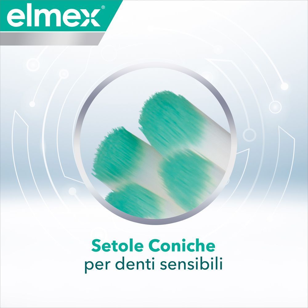 Primo piano delle setole coniche dello spazzolino Elmex Sensitive Expert Precision per denti sensibili.