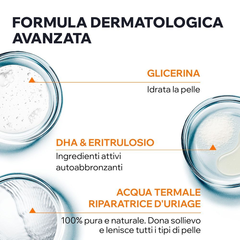 Uriage Bariésun: Glicerina idrata, DHA & Eritrulosio abbronzano. Acqua termale lenisce.