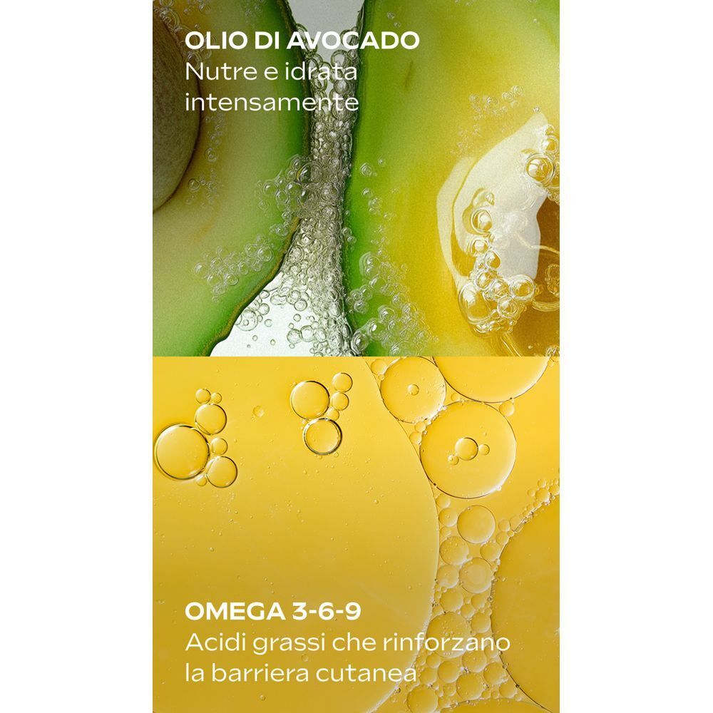 Primo piano di olio di avocado e gocce omega, che mostrano gli ingredienti.