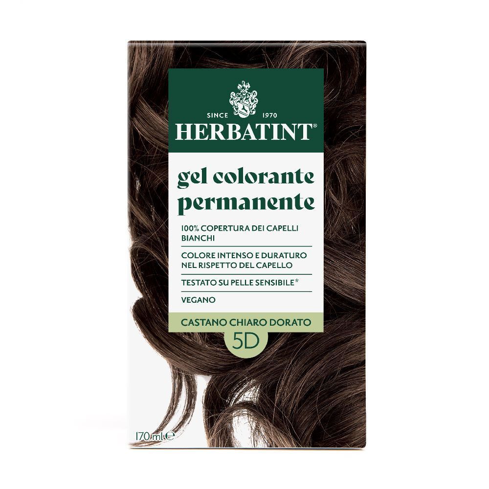 Una confezione di Herbatint gel colorante permanente 5D Castano Chiaro Dorato, con ciocche di capelli.