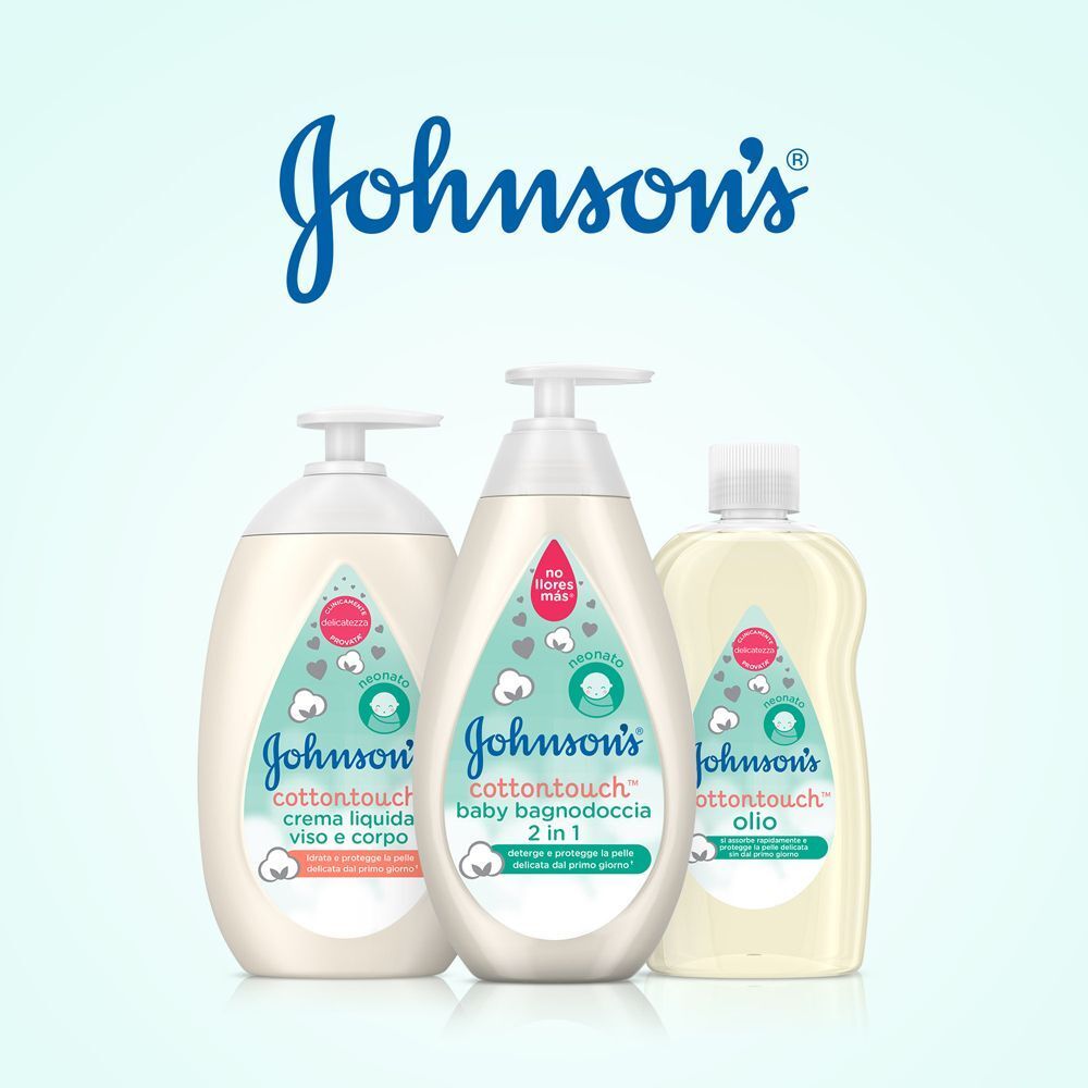 Tre prodotti Johnson's Baby: Crema viso e corpo, Bagnodoccia 2in1 e olio.