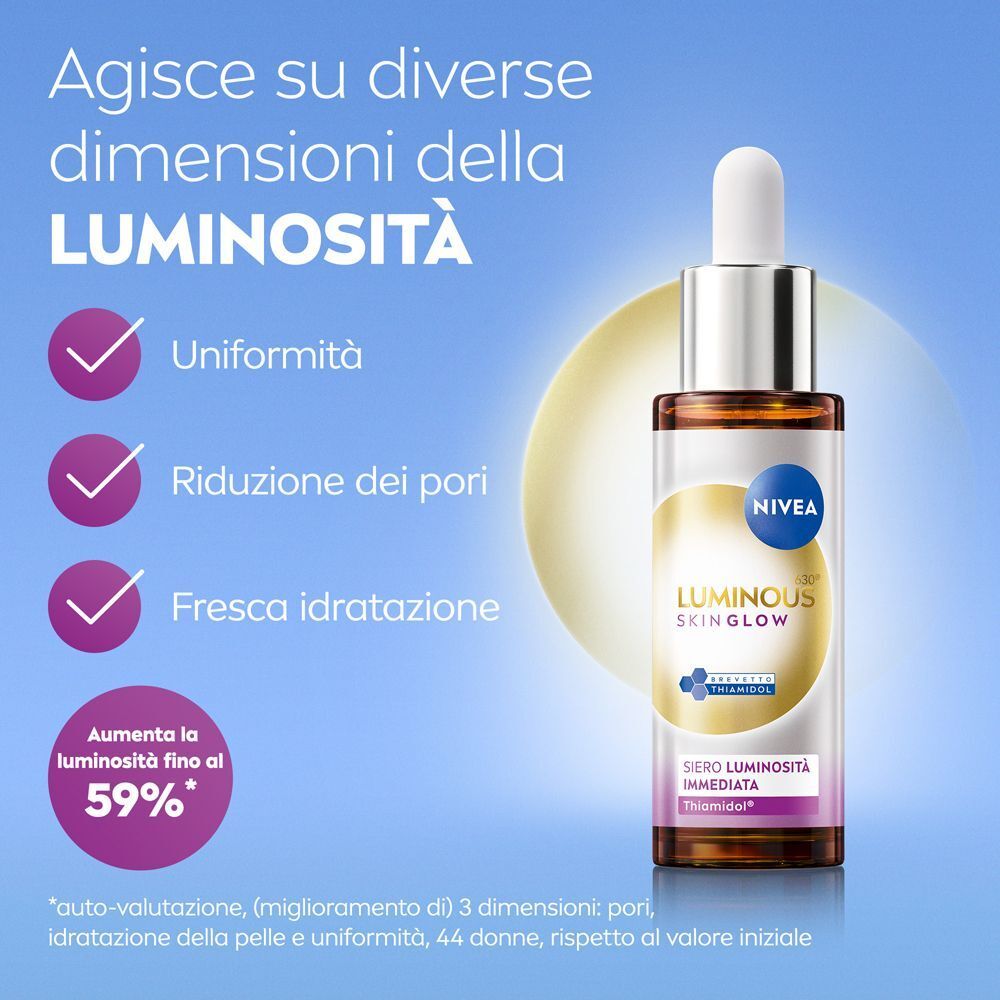 Un flacone di siero Nivea Luminous630 Skin Glow con contagocce.