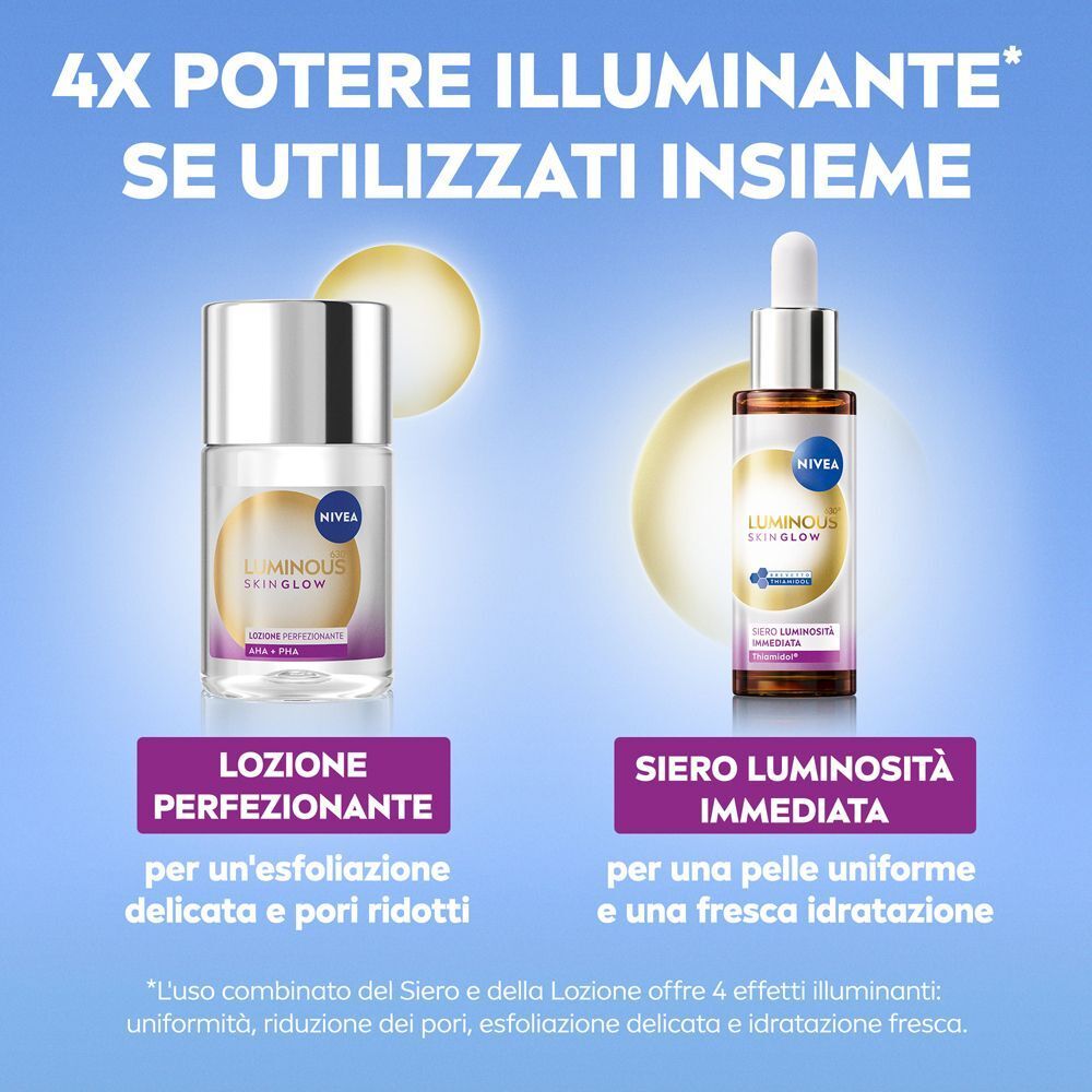 Siero e lozione Nivea Luminous630 Skin Glow. Testo: 4x potere illuminante se usati insieme.