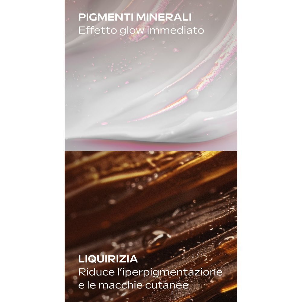 Due aree di testo: Pigmenti minerali per un effetto glow immediato e liquirizia per ridurre l'iperpigmentazione.