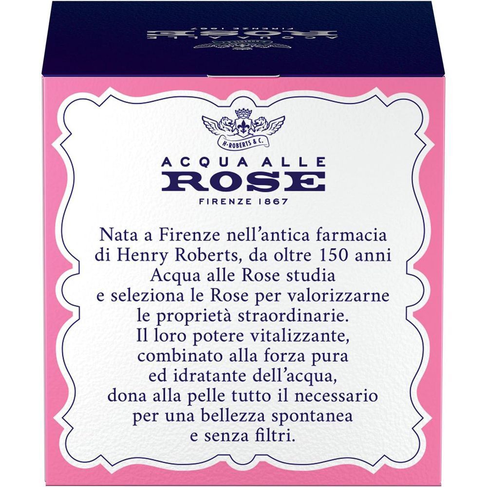 Retro di una confezione di Crema Viso Idratante Lenitiva Acqua alle Rose, con informazioni sulla storia e gli effetti.