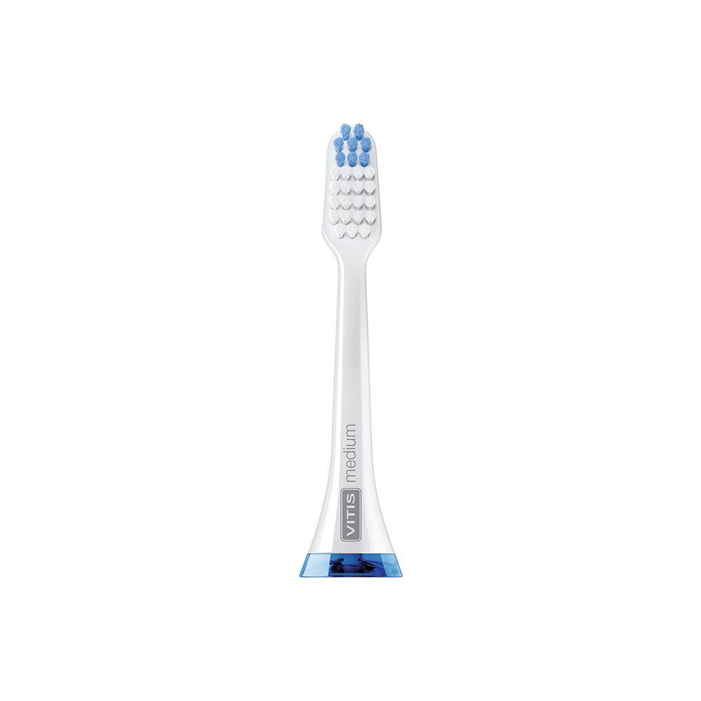 Una testina di ricambio Vitis Sonic, S10/S20 Medium, bianca con accenti blu.