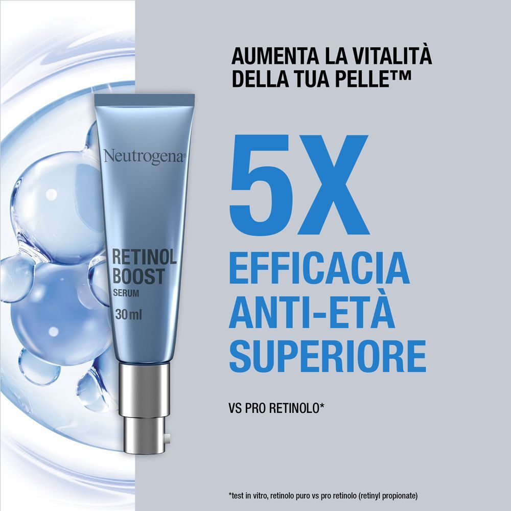 Flacone di siero Neutrogena Retinol Boost da 30ml con dispenser, vicino a bolle e testo.