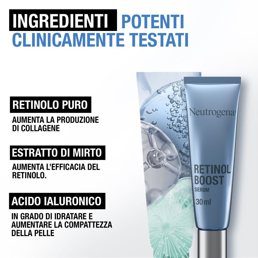 Flacone di siero Neutrogena Retinol Boost 30ml con pompa. Testo su ingredienti potenti testati clinicamente.