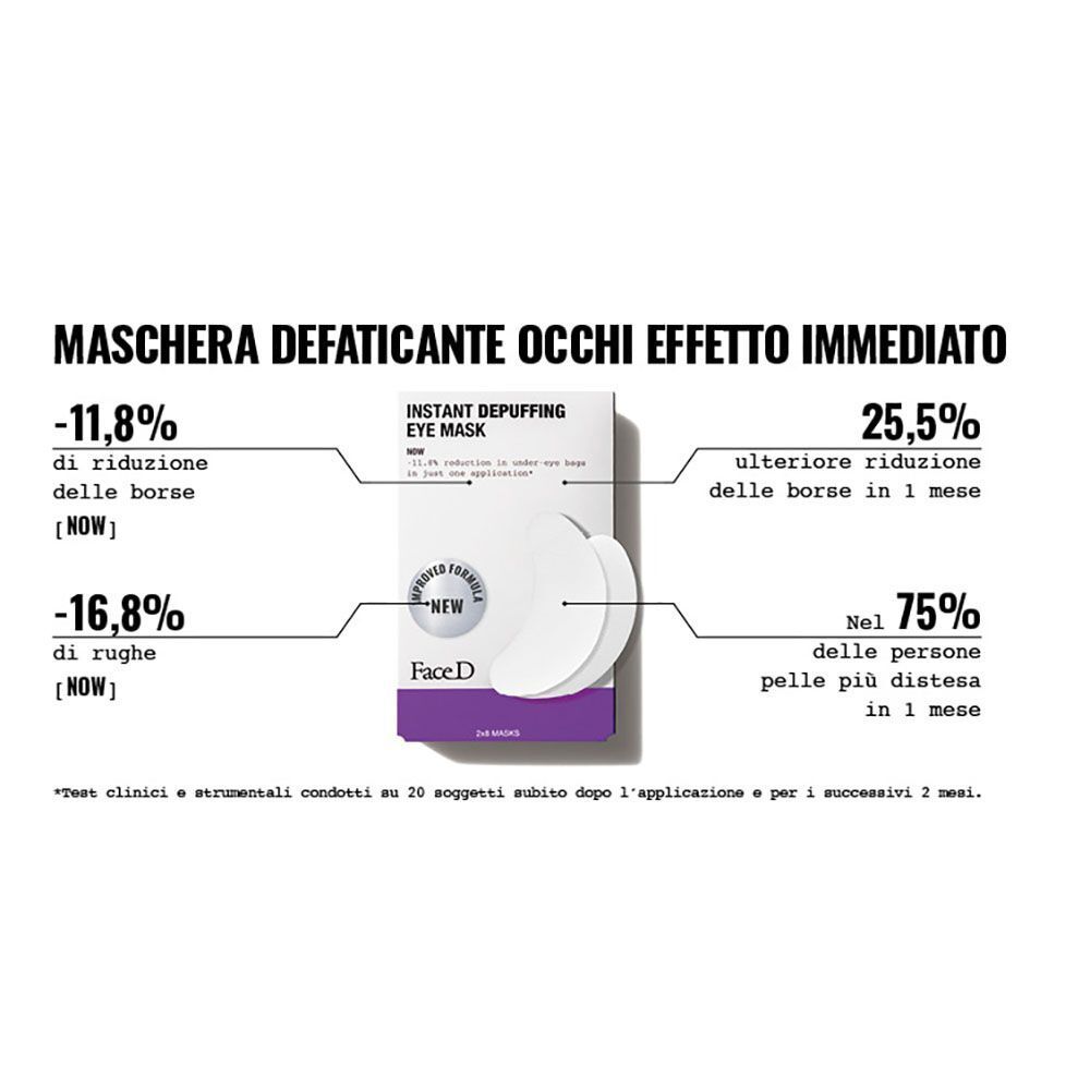 Confezione maschera contorno occhi FaceD con risultati clinici: -11,8% borse (subito), -16,8% rughe (subito), -25,5% borse (1 mese).