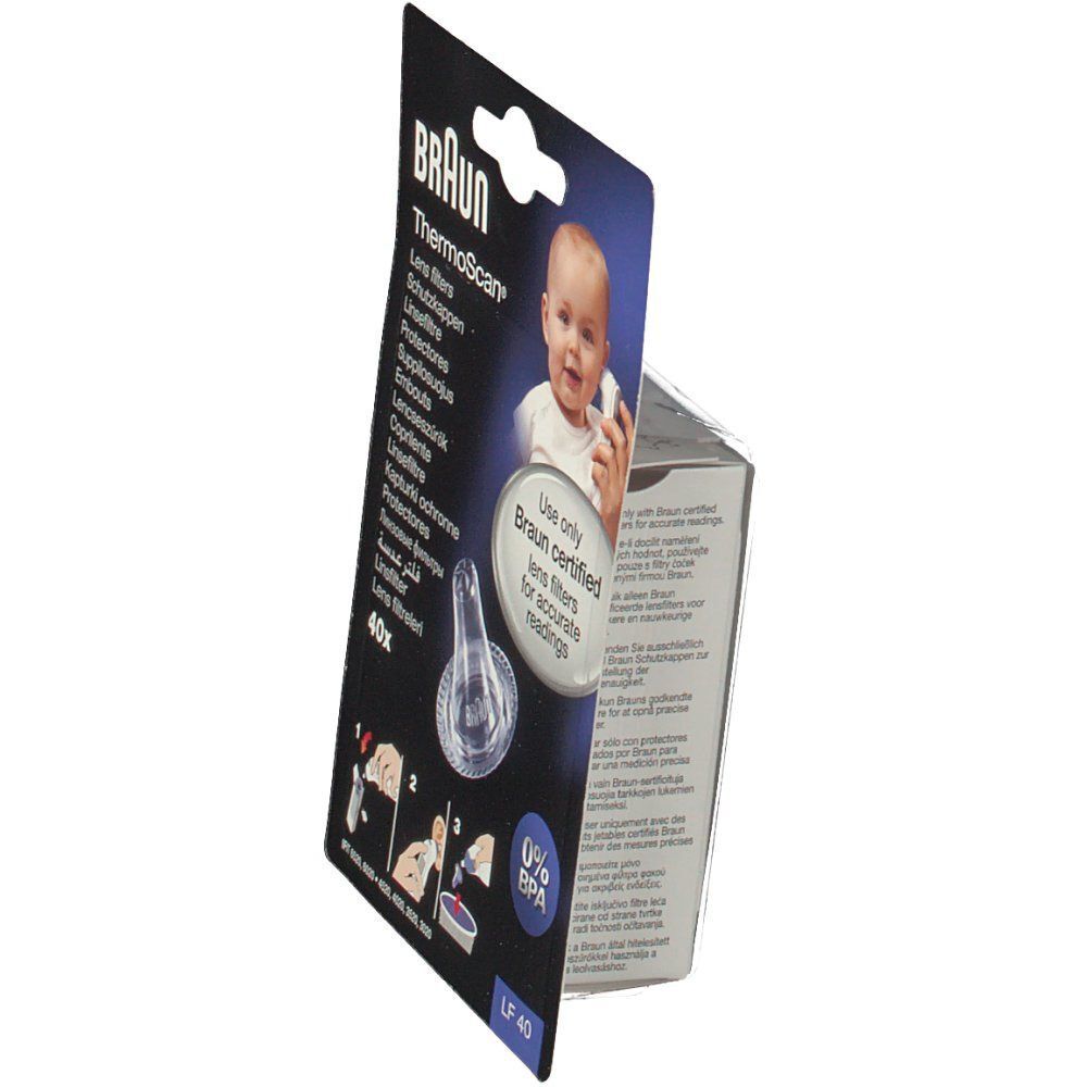 Filtri per lenti Braun ThermoScan® LF 40 nella confezione, vista laterale. Filtri trasparenti monouso.