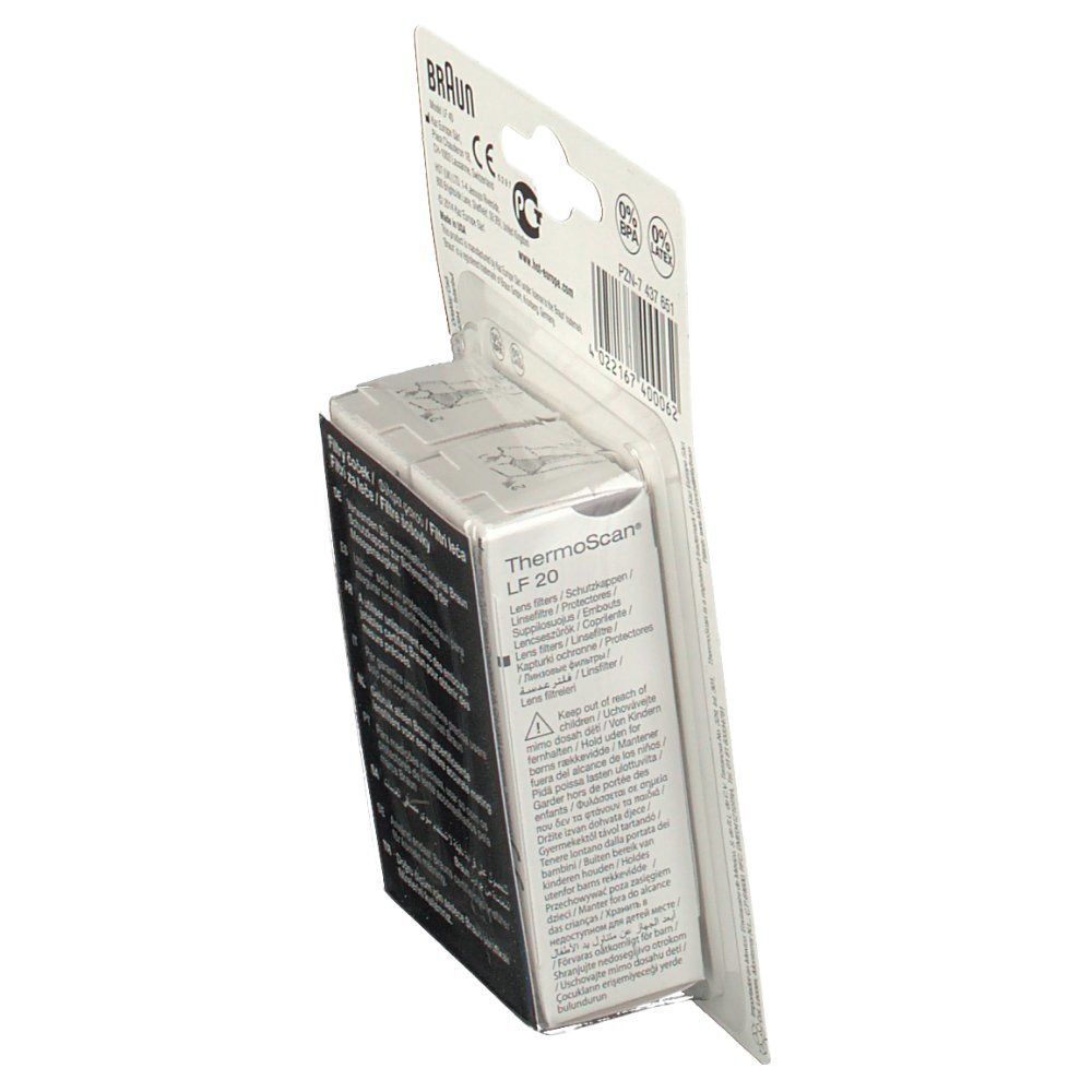 Filtri per lenti Braun ThermoScan® LF 20 nella confezione, vista laterale. Filtri trasparenti monouso.