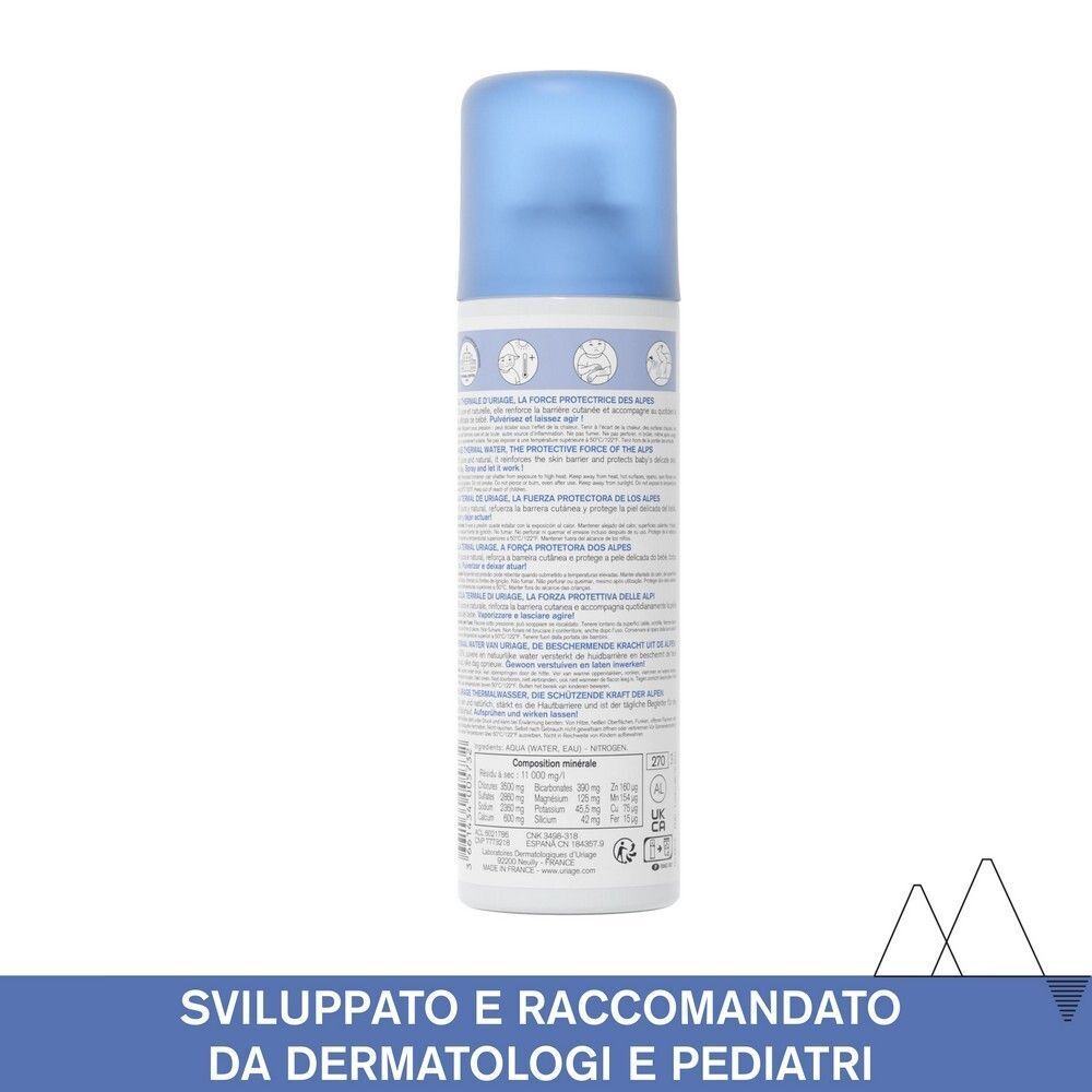 Retro di un flacone di Acqua Termale Uriage con informazioni sul prodotto e certificazioni.