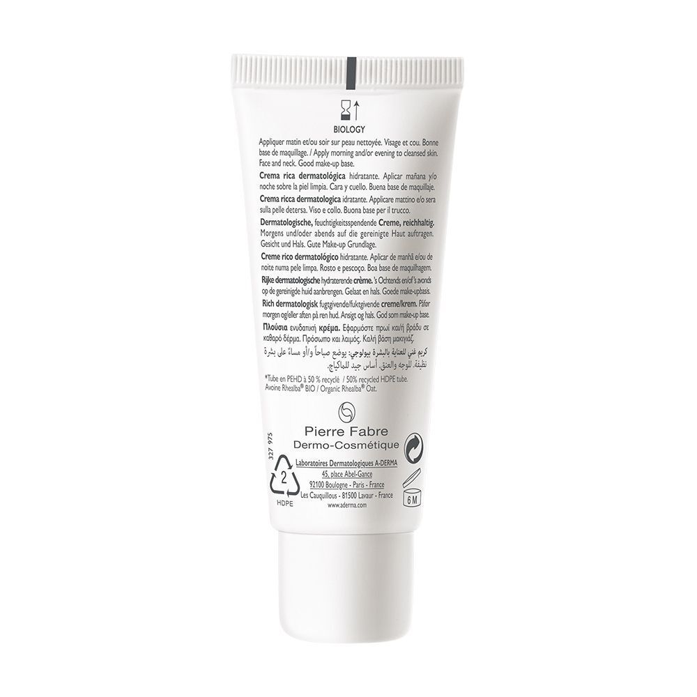 Retro di un tubo di crema A-Derma Biology con istruzioni per l'uso e informazioni sul produttore.