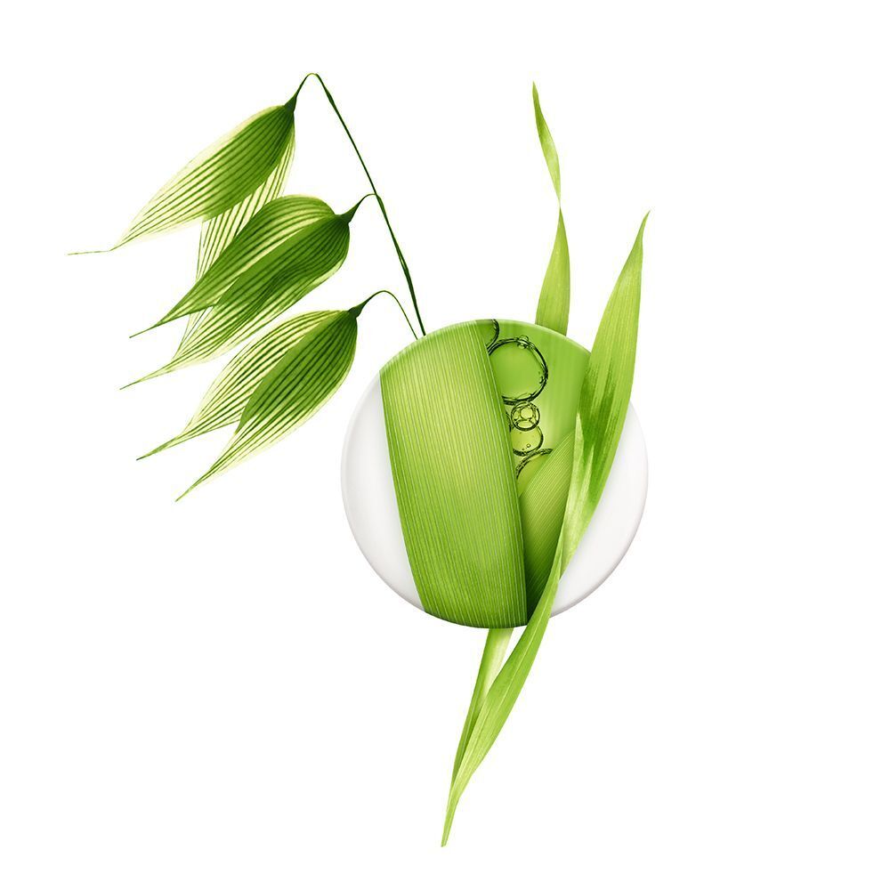 Rappresentazione astratta di piante d'avena e di un elemento verde che simboleggia A-Derma Biology.