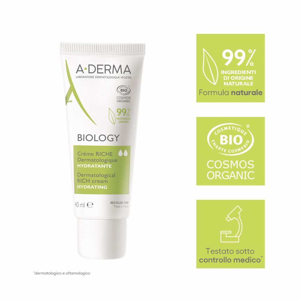 Tubo di crema idratante A-Derma Biology con certificazioni BIO e COSMOS ORGANIC.