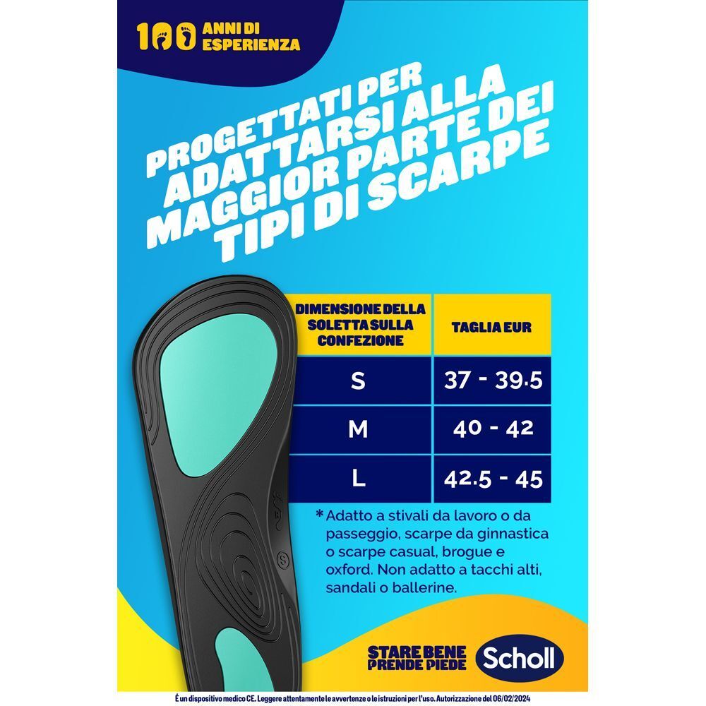 Soletta Scholl e tabella taglie (S, M, L) per scarpe da 37 a 45.