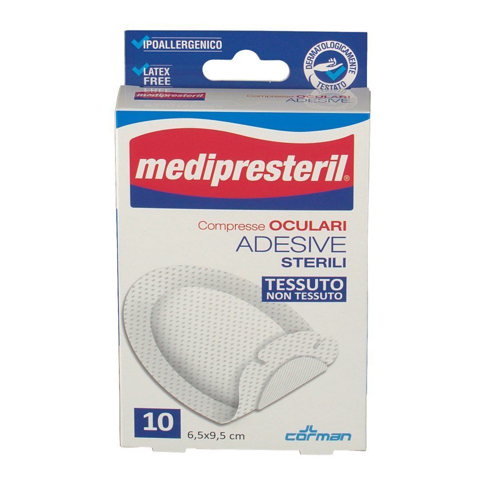 Fronte di una confezione di compresse oculari adesive sterili MediPresteril, 6,5x9,5 cm, 10 pezzi. Ipoallergenico, senza lattice.