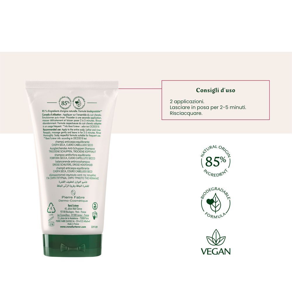 Retro di un tubo di Shampoo René Furterer Neopur con istruzioni e sigilli.
